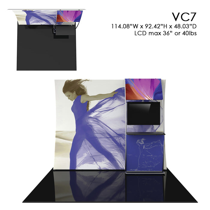 Formulate Master 10' Fabric Backwall VC7 - Vertical Curved Wall with Counter Top and Monitor Mount